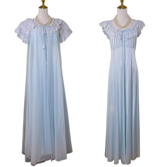 Vintage 60s Shadowline Pastel Blue Nylon Chiffon Lacy Maxi Peignoir Set Size M - Picture 1 of 13